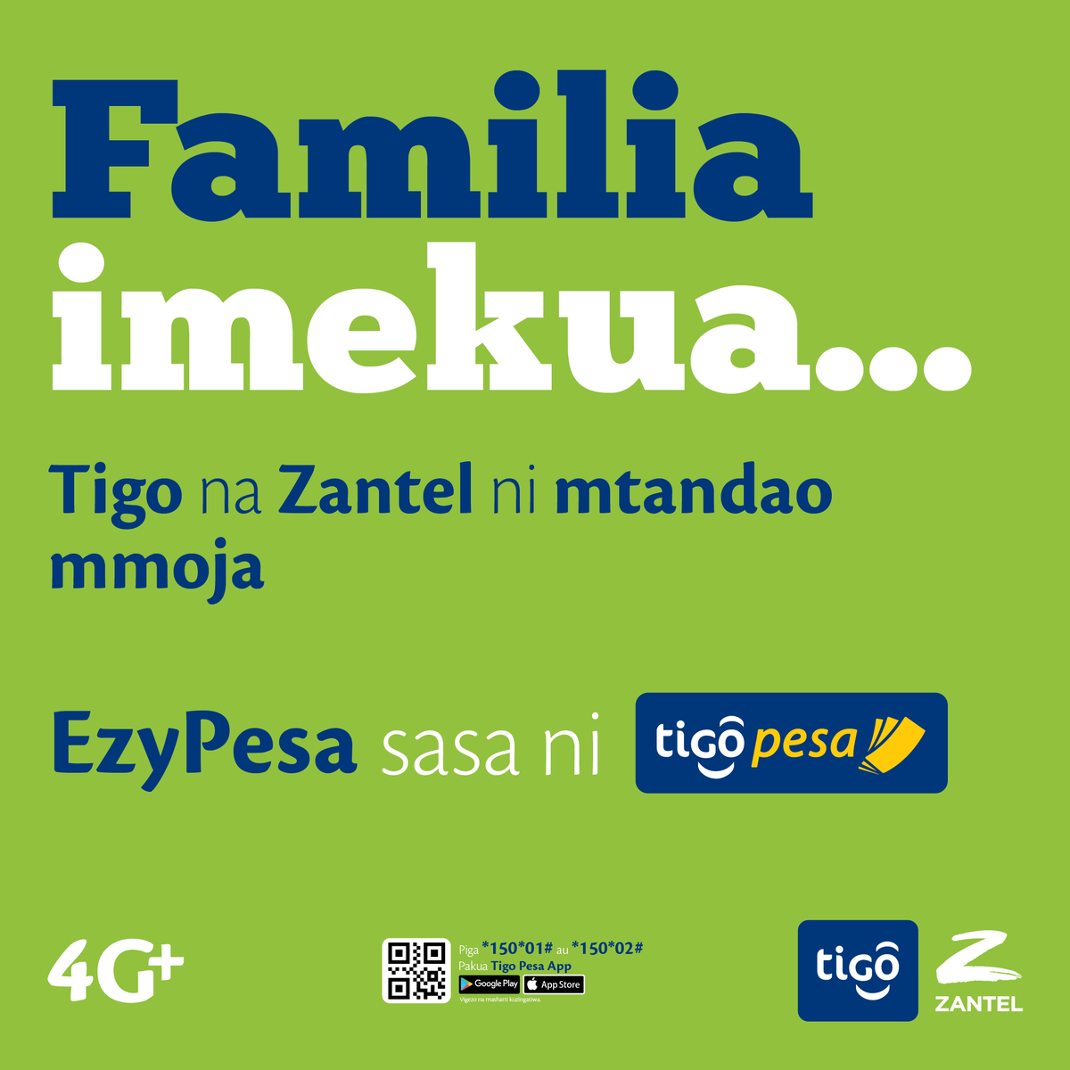 Familia Imekua…

Tigo na Zantel ni mtandao mmoja.

EzyPesa sasa ni Tigo Pesa. <a href="/ZantelTanzania/">Zantel Tanzania</a>