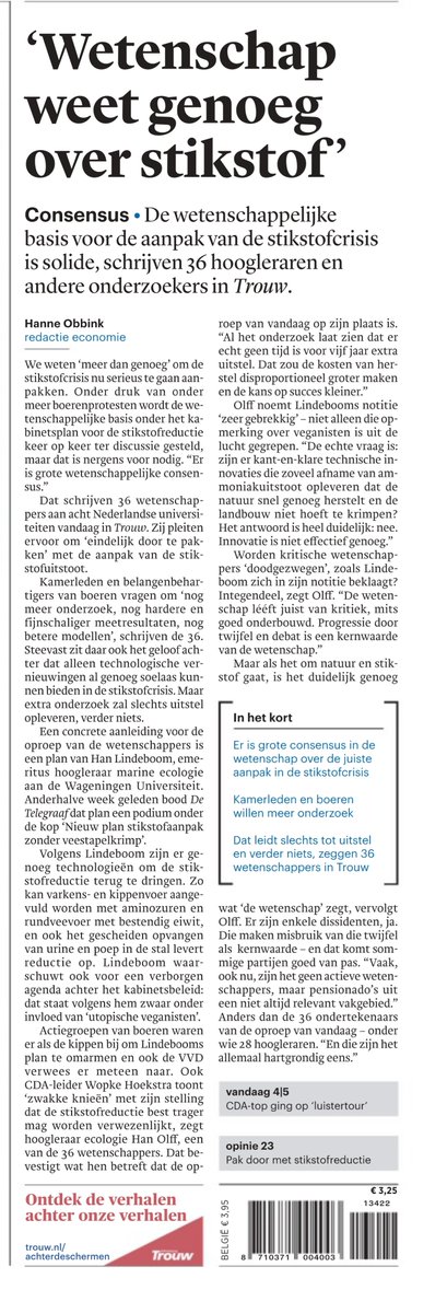 De wetenschap is het echt wel eens over stikstof: 36 wetenschappers van 8 universiteiten roepen in @Trouw het kabinet op om niet toe te geven aan vertragingsoproepen, en nu echt door te pakken op basis van het algemeen publiek belang.