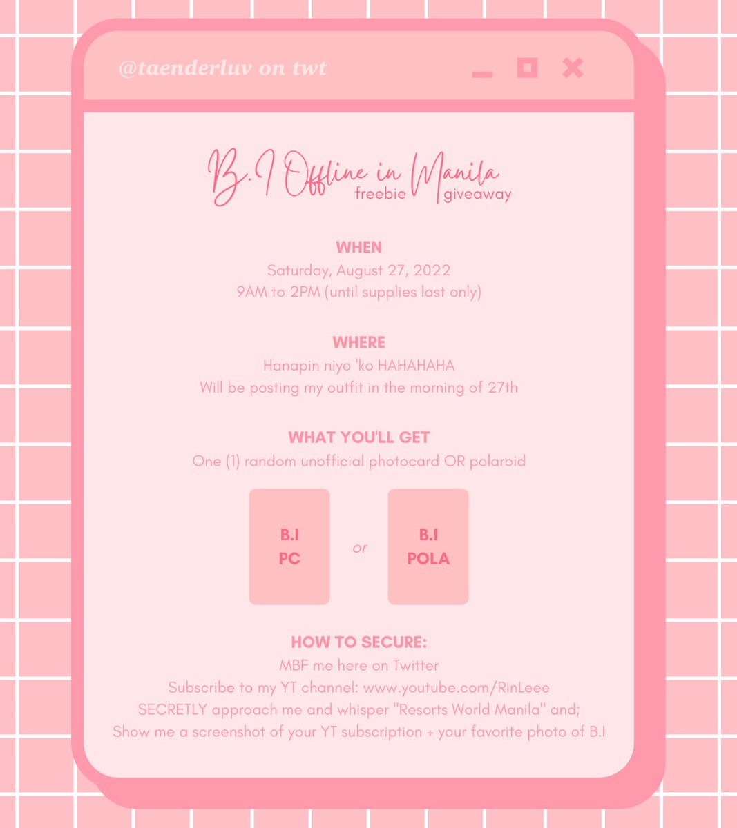taenderluv's tweet photo. [PLS RT] Giving away LIMITED unofficial PCs and polaroids on the 27th! 🫶🏻 mechanics in the first photo. 

Ang hindi bumulong, walang freebie ah? HAHAHAHA masaya dapat tayong lahat sa Sabado 🤣

See you! 💖

#BIofflineInManila #ID #BI #김한빈 #HanbinInManila #BIinManila #HANBIN https://t.co/kJhAVRBuNT