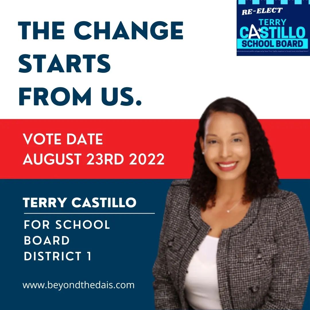 👉It's time to vote! Re-elect Terry Castillo.

🎯Election Day is almost here!

💥Vote on August 23rd, 2022.

#vote #vote2022 #august #election #terrycastillo #osceola #osceolacounty #florida #unitedstates #school #schoolboard #schoolboarddistrict1 #beyondthedais #voting
