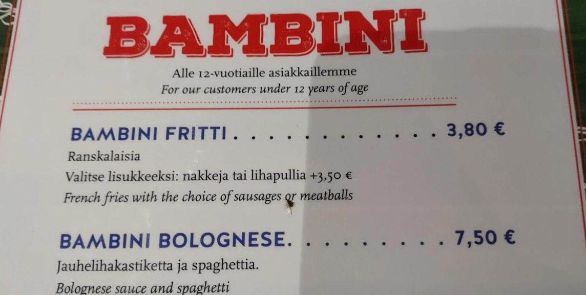 Terra2itter's tweet photo. MENU BAMBINI
Finlandia, che paese meraviglioso.
#TeamErode https://t.co/YvsbIM2d8U