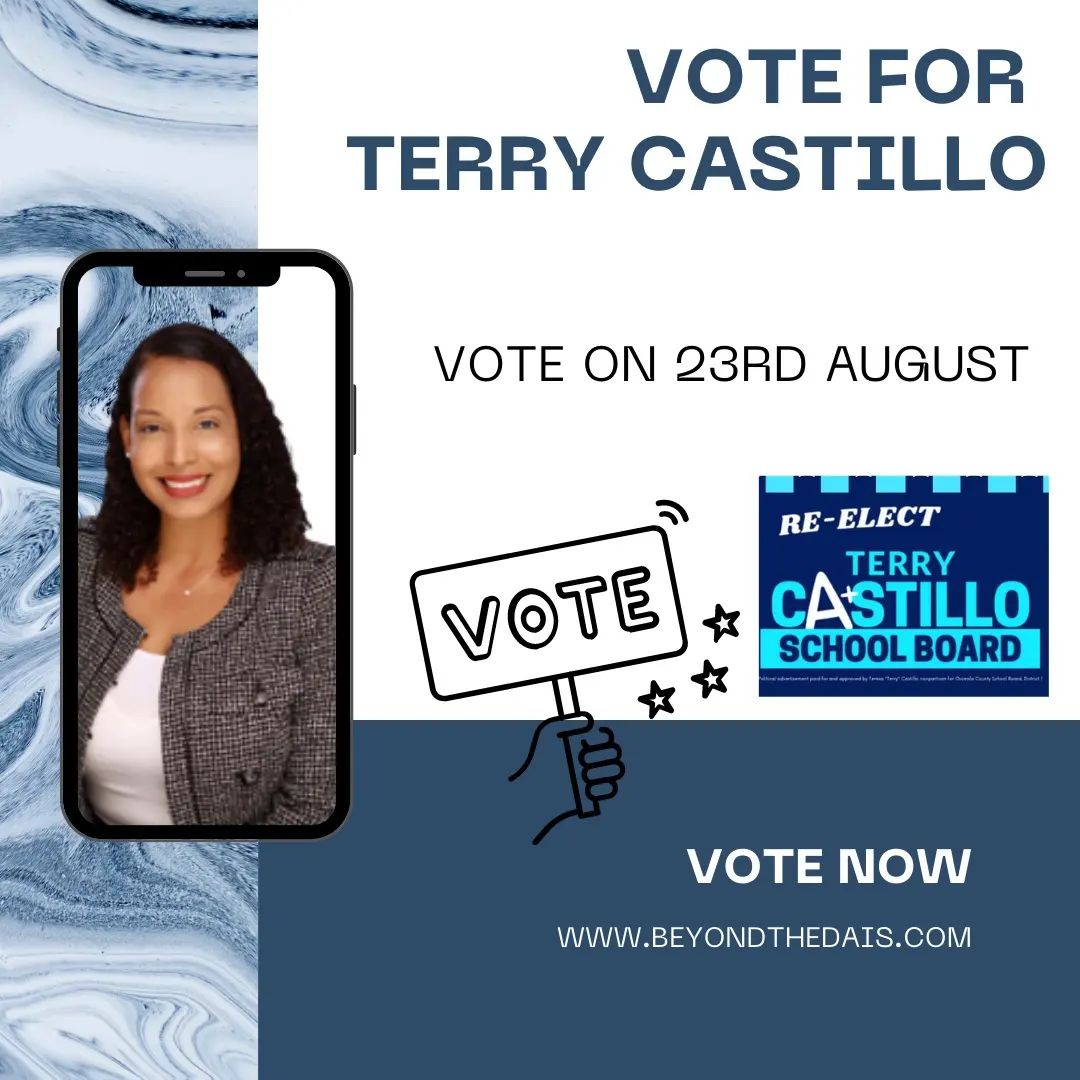 👉It's time to vote! Re-elect Terry Castillo.

🎯Election Day is almost here!

💥Vote Now - August 23rd, 2022.

#vote #vote2022 #august #election #terrycastillo #osceola #osceolacounty #florida #unitedstates #school #schoolboard #schoolboarddistrict1 #beyondthedais #voting