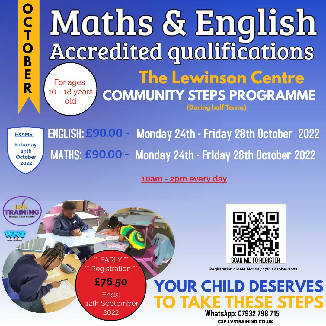 LVSTraining's tweet photo. School summer break will be finished soon....

Give your child a chance  to achieve an accredited English and Maths qualification from age 10 years old during October 2022 half term.

Places are limited so  please register early: https://t.co/peydcAJw8B https://t.co/lv3sIStE2I
