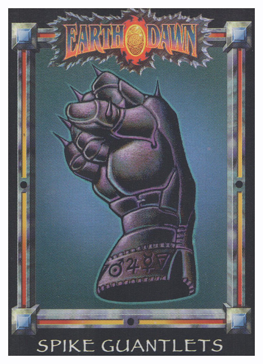 Ranaroth2's tweet photo. Dave Martin. Spike Gauntlets. Card from Earthdawn: Barsaive, FASA, 1993. #DaveMartin #roleplaying #Earthdawn #Barsaive #FASA #spike #gauntlets https://t.co/6J494BVGgp
