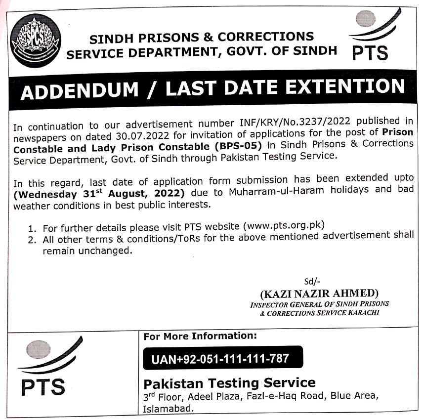 PakistanTesting's tweet photo. Last Date Extended to Submit Applications :  31.08.2022.

Sindh Prison &amp; Corrections Service Department of Police (SPCS-DP) (525)

Jobs
01. Prison Constable (BPS-05)
02. Lady Prison Constable (BPS-05)

Last Date Extended 31.08.2022

https://t.co/6lDPKzOL5F https://t.co/oGhopXsCKV