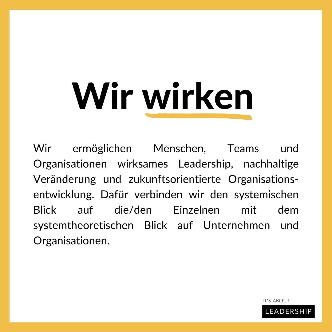 Wir ermöglichen Menschen, Teams und Organisationen wirksames #Leadership, nachhaltige #Veränderung und zukunftsorientierte #Organisationsentwicklung.  
Immer wirkungsorientiert. Und immer mit dem Ziel, dass ihr uns am Ende nicht mehr braucht.