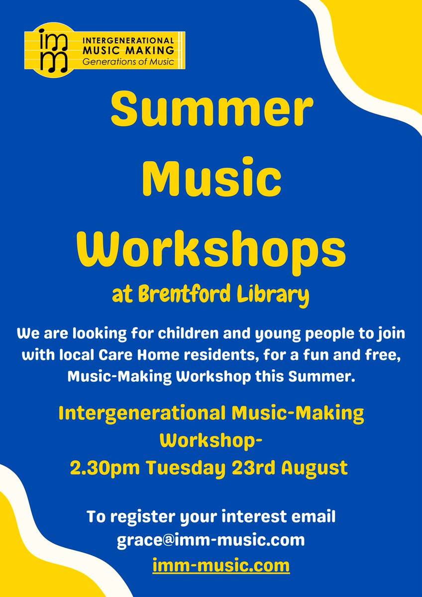 Tomorrow we are bringing our library workshop to Brentford Library.
We are looking for children and young people to join our care home residents for a fun, free intergenerational music making afternoon. 
The fun starts at 2:30pm!
Email grace@imm-music.com