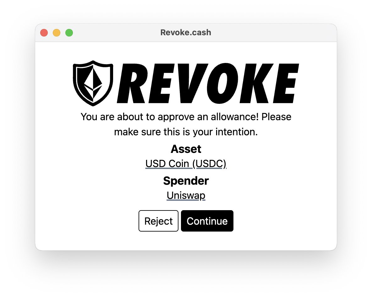 RevokeCash's tweet photo. Not every allowance is created using an "approve" transaction. Certain tokens can also set an allowance with just a gasless signature.

To keep you safe from scams, our extension now also warns when you're about to sign one of these gasless approvals. https://t.co/ZiPYCBLI5o