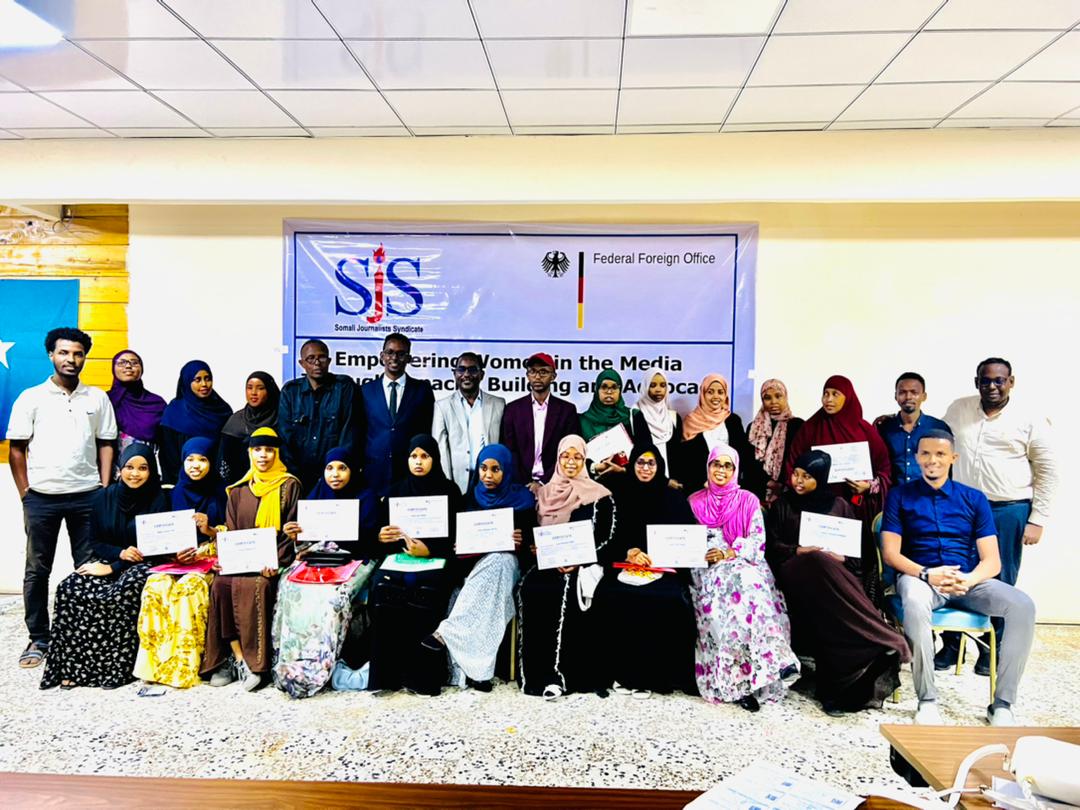 sjs_Somalia's tweet photo. . @sjs_Somalia concludes empowerment training for 20 women journalists in Mogadishu. This training was supported by @GermanyinSOM  #womeninmedia #Gender https://t.co/5YNUnlDiMG