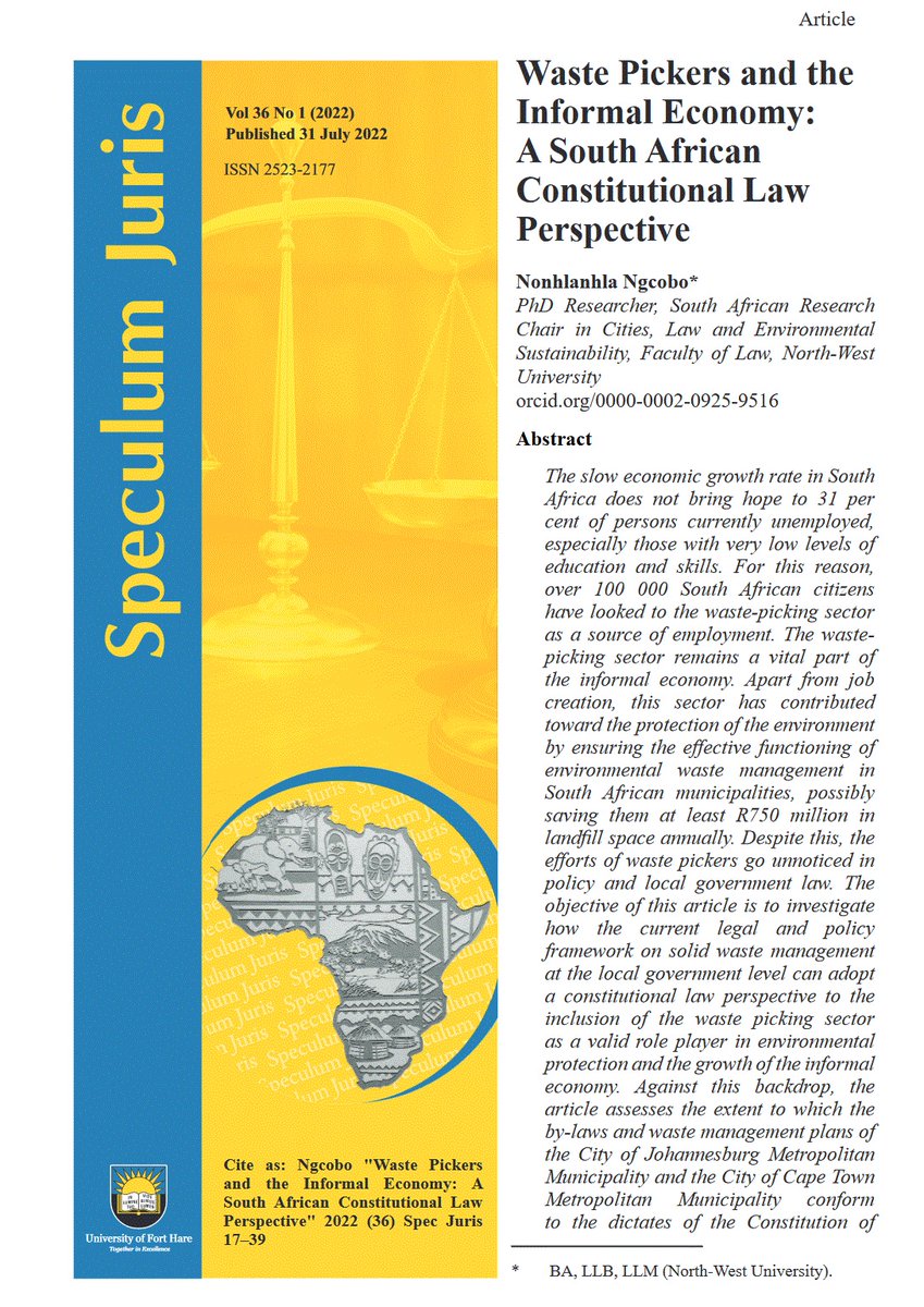 ChairCles's tweet photo. Nonhlanhla Ngcobo (CLES PhD candidate) just published from her Masters thesis in which she critically analysed what the Constitution of the Republic of South Africa, 1996 dictates, mandates and foresees in terms of the regulation of the highly vulnerable waste picking sector. https://t.co/j7rFbWR0VU