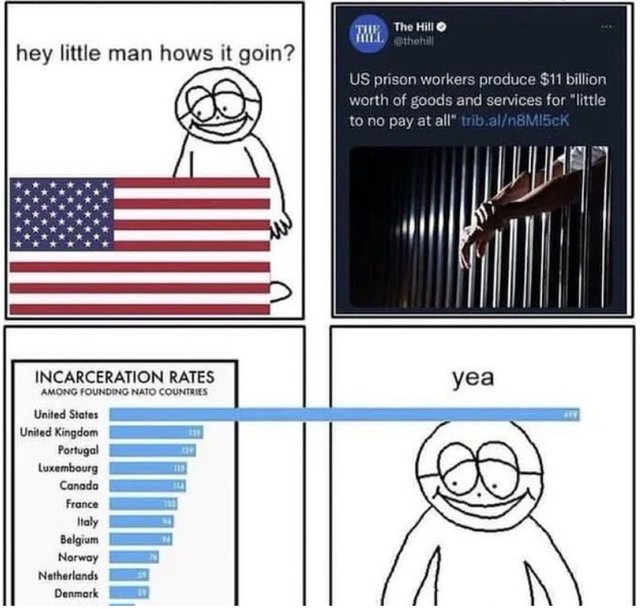 Imposter_Edits's tweet photo. The USA has the highest prison population in the world and it's not even remotely close. 

US prisoners produce 11 billion dollars worth of goods.

This is slave labor. https://t.co/BYdQWWGS8w