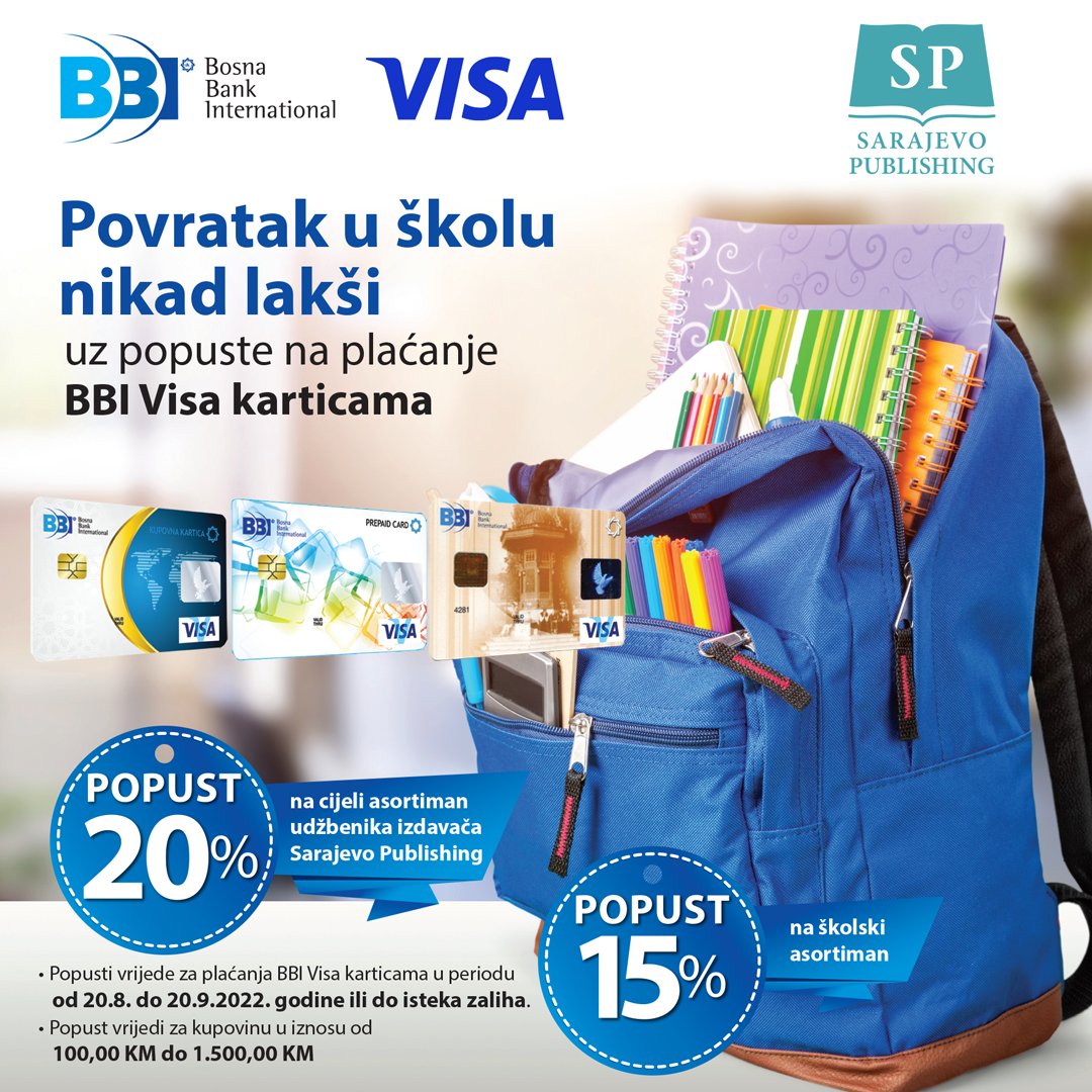 BosnaBankInt's tweet photo. Bliži se početak nove školske godine, a BBI je u saradnji sa  Sarajevo Publishingom i uz podršku kompanije @Visa spremila odlične popuste za opremanje školaraca!
Sretan početak i mnogo uspjeha u novoj školskoj godini svim školarcima želi BBI banka!
https://t.co/BTjx6WyvG8 https://t.co/bray5XckRo