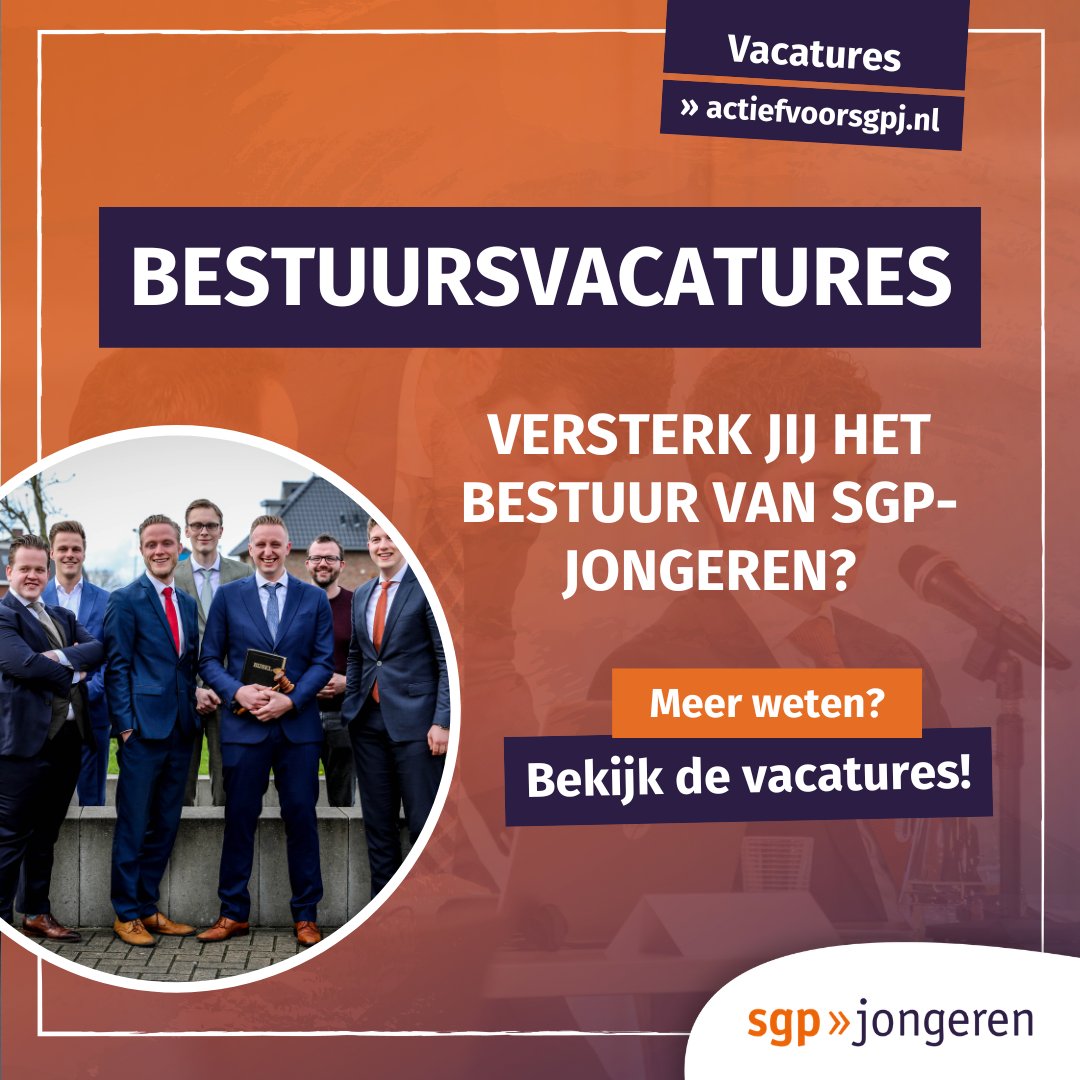 Ben jij klaar voor een leerzame tijd vol met debatten, leidinggeven, nieuwe mensen en gezelligheid? Dan is dit bericht voor jou! SGP-jongeren is namelijk op zoek naar een bestuurslid Politiek, een bestuurslid Organisatie &amp; Relaties, een penningmeester en een vicevoorzitter. 👇