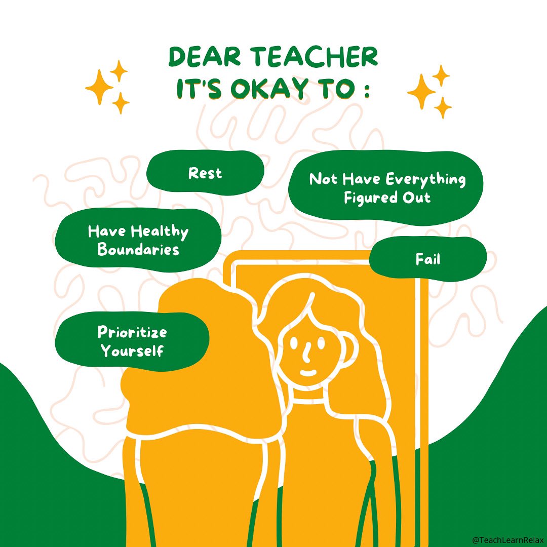 teachlearnrelax's tweet image. Dear Teachers, since some of you are finishing your summer holidays, I would like to share this simple reminder with you🌈✨🌱🌿

What else would you add here?

#wellbeing #backtoschool #mentalhealth #teachers #teacherwellbeing