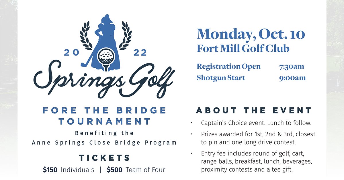 FortMillGolf's tweet photo. Coming to Fort Mill Golf Club on October 10 is the Springs Golf 'Fore the Bridge' Tournament. Learn more about registration and sponsorship here: https://t.co/xlNXN68kpI https://t.co/Y3cZD74QTh