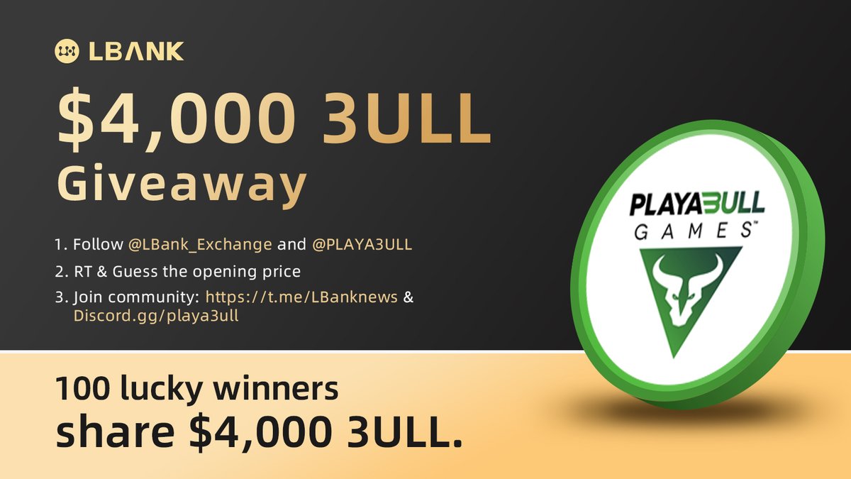 🎁 $3ULL #Airdrop!

🎇100 lucky winners share $4,000 $3ULL Giveaway
1️⃣ Follow me  &amp;  <a href="/PLAYA3ULL/">PLAYA3ULL GAMES BACKUP</a>
2️⃣ RT &amp; Guess the opening price
3️⃣ Join:  t.me/LBanknews &amp;  Discord.gg/playa3ull
4️⃣ Fill in: bit.ly/3ciaeed

#crypto #giveaway