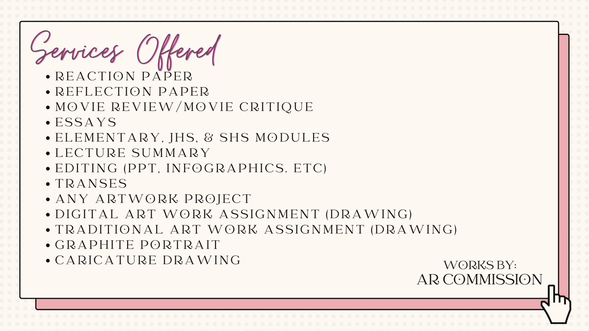 ARcommission's tweet photo. Good day!

I'm AR, I offer different academic services and artwork you need. I accept rush, non-rush, light, and heavy work. Rest assured that you will receive quality service at a reasonable price!

For details and information don't hesitate to DM me, Thank you and God Bless! https://t.co/dYTBxy2wCN