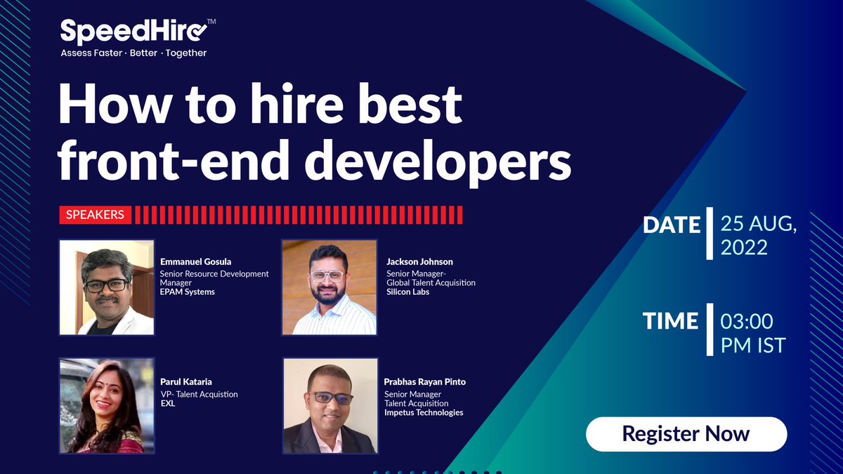 speed_hire's tweet image. Join us for this interesting session with these industry stalwarts to know how to hire the best front-end #developers. Register Now ➡️ bit.ly/3pDh3dE
#SpeedHire #AssessmentSimplified #TalentAssessmentSimplified #SpeedHireBoardroom #TechHiring #RemoteTalentAssessment