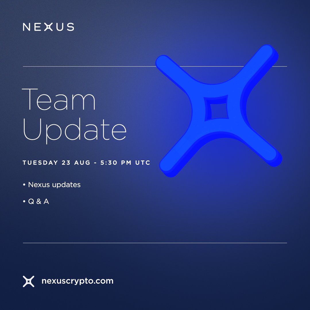 🚨Biweekly #Nexus Team #Update🚨

Are you #uptodate on what we have been up to?
Have questions?🤔
Tell us in the comments, &amp; the team will answer these at our next update!

🗓️Tue 23 Aug 5:30PM UTC🗓️
🗣️ t.me/NexusCryptoSVC

Stay Nexy &amp; see you there!😎
#crypto #ama #Defi #web3