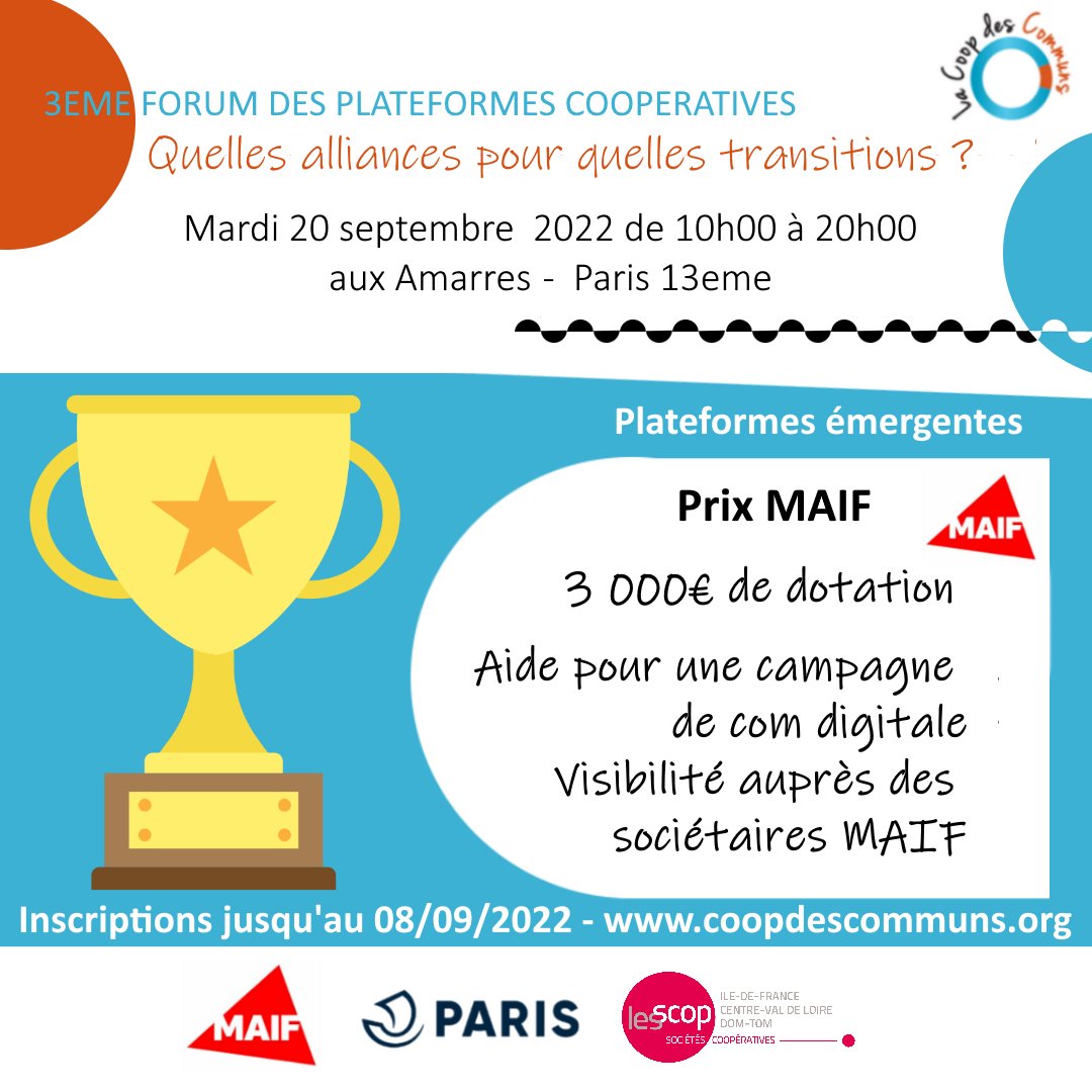 CoopdesCommuns's tweet photo. A l'occasion du 3e Forum des plateformes coopérative, notre partenaires @MAIF offre un prix de 3000€ et de la visibilité destiné aux plateformes en création.
Envoyez votre candidature avant le 8 septembre : https://t.co/fjHlpb1t1s https://t.co/FS3wl6PyEz