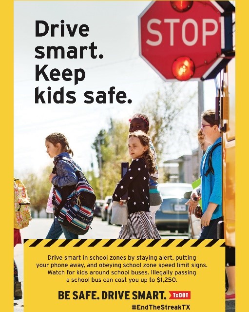 TxDOTAustin's tweet photo. Help us keep children safe on their way to and from school. Watch for flashing lights in school zones, slow down and keep an eye out for children. #BeSafeDriveSmart #EndTheStreak https://t.co/wvrOe03WCo