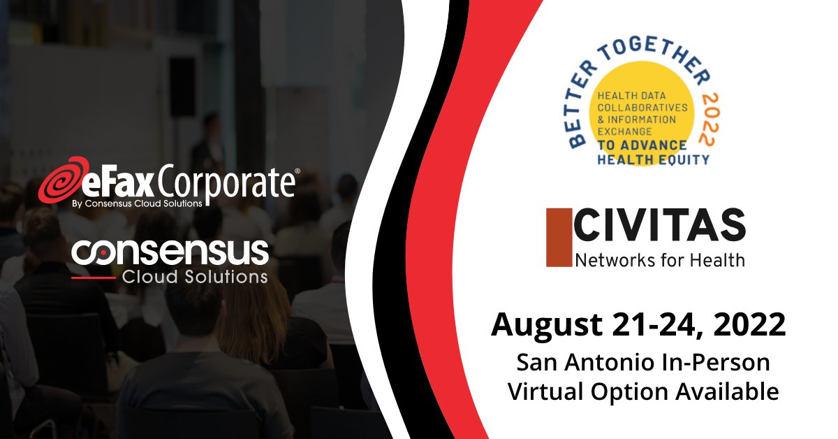 ConsensusCS's tweet photo. Join us this week the Civitas Networks for #Health 2022 Annual Conference, a Collaboration with the #DirectTrust Summit from 8/21-8/24! We’re excited to be part of this year’s conference put on by @civitas4health & @DirectTrustorg https://t.co/vb1y1wVBRa