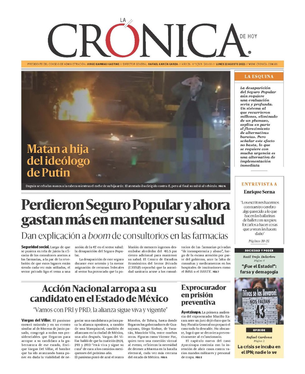 #PrimerasPlanas 📰 Matan a hija del ideólogo de Putin 🇷🇺 Perdieron Seguro Popular y ahora gastan más en mantener su salud 🏥 Acción Nacional arropa a su candidato en el Estado de México 🗳