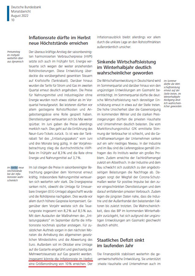 🇩🇪 BUNDESBANK: in autunno l'inflazione potrebbe raggiungere il 10%. Scenario da brividi nel bollettino di agosto: produzione stagnante causa aumento del costo dell'energia, deficit strutturali in vista.  

bundesbank.de/resource/blob/…