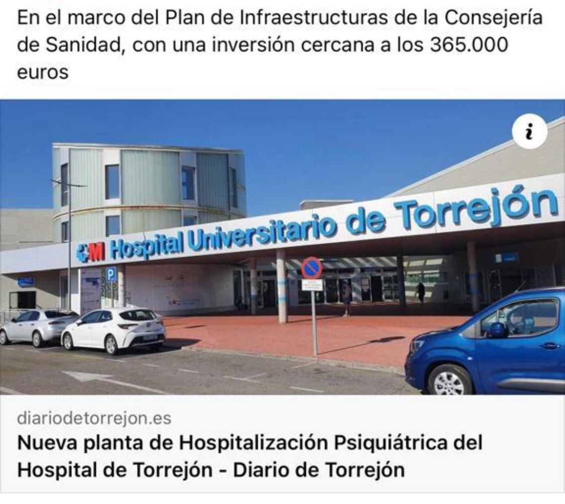 CSaludVeredilla's tweet photo. 📢  El @HUdeTorrejon contará próximamente con una planta de hospitalización psiquiátrica.
Grán noticia para pacientes y sus familias. 
Una necesidad hecha realidad 
Enhorabuena al Equipo de Salud Mental https://t.co/oqJcNchIFZ