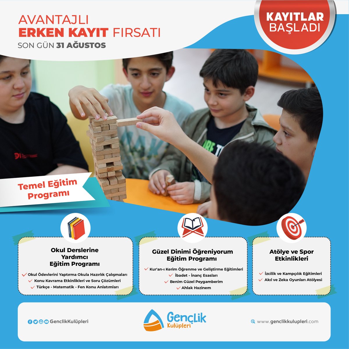 ⏳ Avantajlı erken kayıt fırsatlarımızdan yararlanmak için acele edin.

✔️ Okul Derslerine Yardımcı Eğitim Programları
✔️ Güzel Dinimi Öğreniyorum Eğitim Programı
✔️ Atölye ve Spor Etkinlikleri

Nerelerdeyiz ⬇️

🔗 genclikkulupleri.com/nerelerdeyiz/

#GençlikİçinBugünVeDaima 

<a href="/Genckon/">GENÇKON</a>
