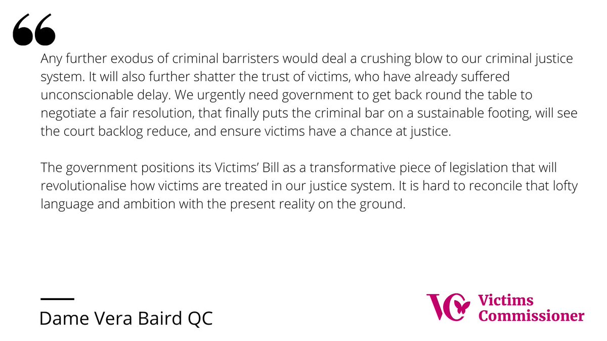 All-out industrial action by the Criminal Bar is just the latest symptom of a criminal justice system that is severely and recklessly underfunded. And it is victims who are ultimately paying the price and will continue to suffer the longer this goes on.

My full statement: