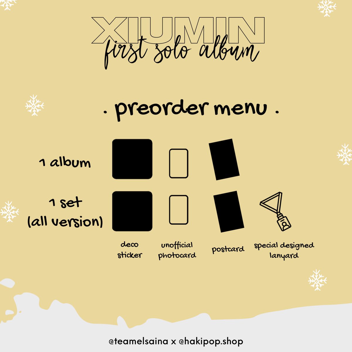 teamelsaINA's tweet photo. ❄ #XIUMIN ALBUM SOLO SUPPORT ❄

Grup Order kolaborasi @teamelsaINA x @hakipopshop

Ketentuan &amp; form:
🔗https://t.co/5Jq1EtwZiA

Benefit:
💙Freebies
💙Bonus spesial (pembelian album all version)
💙Lucky Draw untuk 50 orang pertama yang ikut pre-order

#시우민 
@weareoneEXO https://t.co/deB6KQ6dI1