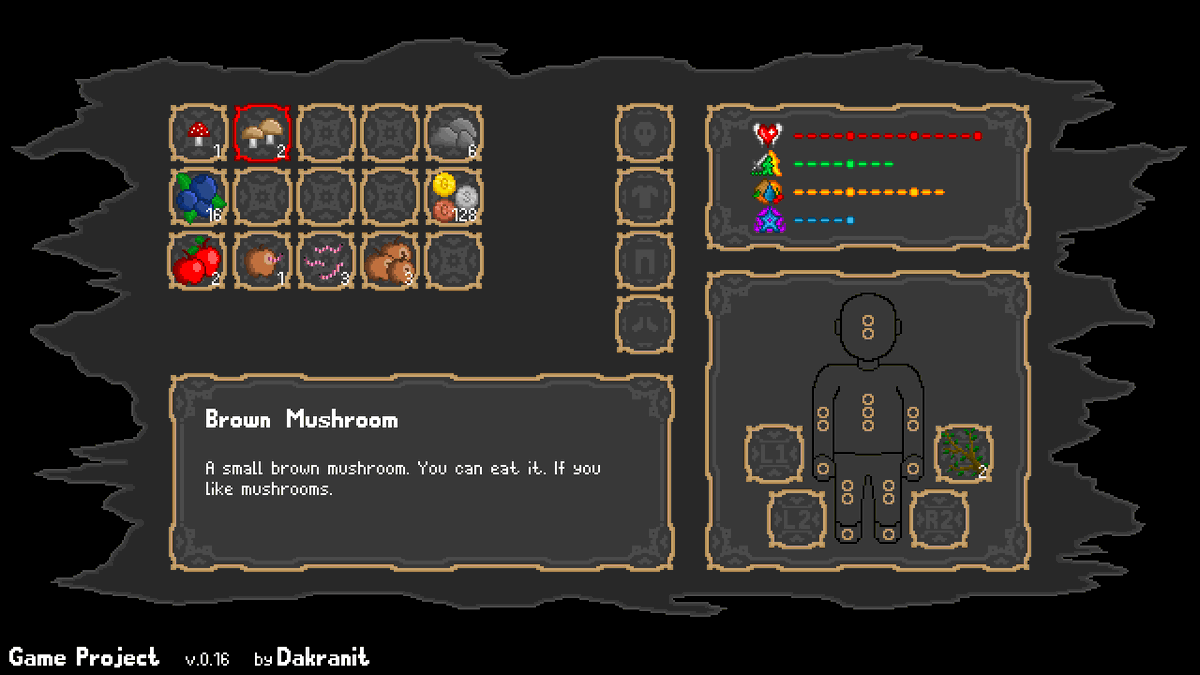Dakranit's tweet photo. Ich hab mal die Icons aus unseren letzten #pixelart Streams in mein Projekt eingebaut, um zu sehen, wie alles zusammen wirkt^^ Bin ziemlich zufrieden :D Ist aber alles noch WIP. Die Welt und das Inventar sind definitiv noch nicht final. #gamedev #indiegame #indiedev https://t.co/BRKkKqLOpw