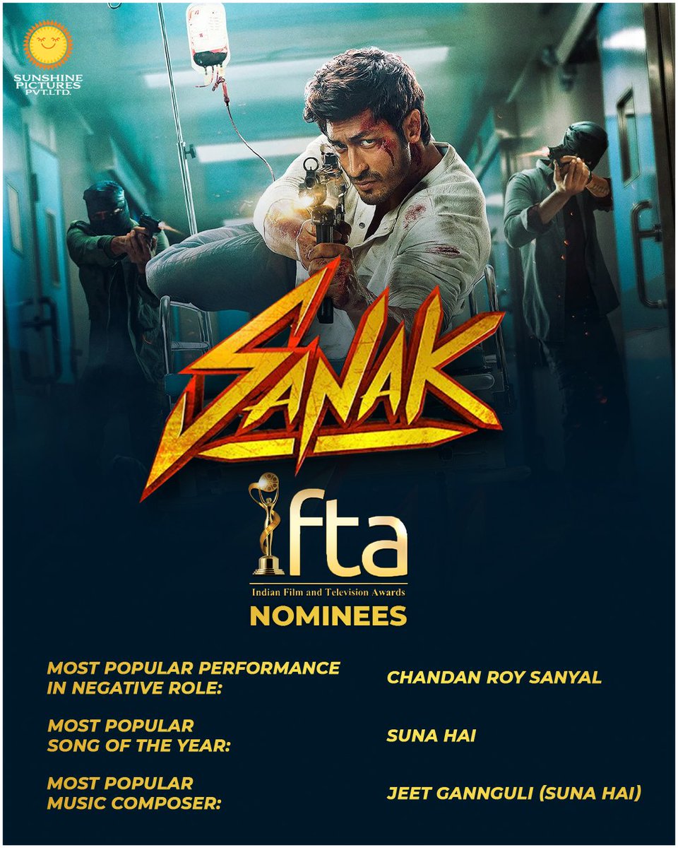 The news that got us all dancing in joy! 

It's an absolute honor to be nominated for the IFTA awards, kudos to team Sanak! ✨

#VipulAmrutlalShah <a href="/Aashin_A_Shah/">Aashin A. Shah</a>

<a href="/VidyutJammwal/">Vidyut Jammwal</a> @RukminiMaitra <a href="/IamRoySanyal/">CRS</a> <a href="/kanishk_v/">kanishk varma</a> <a href="/jeetmusic/">Jeet Gannguli</a> 

#SunshinePictures #Sanak #Bollywood