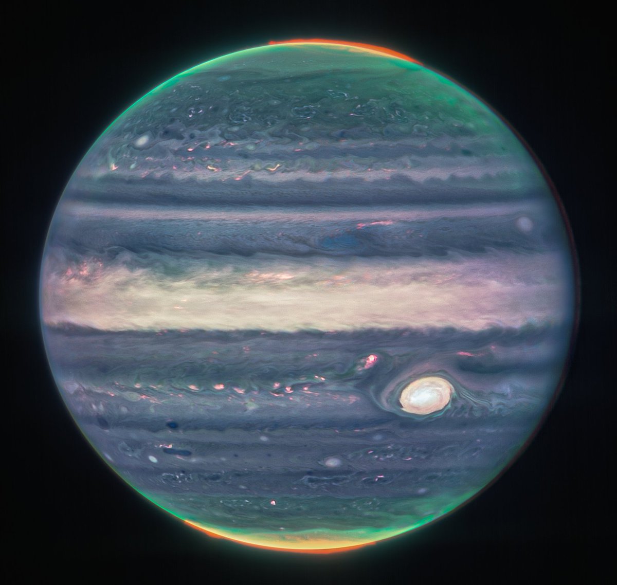 1. Make way for the king of the solar system! 👑

New Webb images of Jupiter highlight the planet's features, including its turbulent Great Red Spot (shown in white here), in amazing detail. These images were processed by citizen scientist Judy Schmidt: go.nasa.gov/3K9zMqC