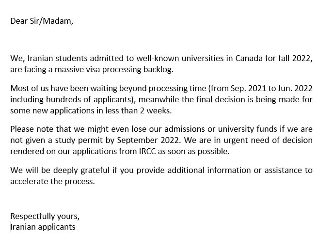 AliakbarIsari's tweet photo. We are hundreds of Iranian students admitted to Canadian universities for fall 2022, facing a massive visa processing backlog. We are in urgent need of decision rendered on our applications from IRCC as soon as possible.
Pleas retweet to support this request.
@CitImmCanada #IRCC https://t.co/y9m73oA3ed
