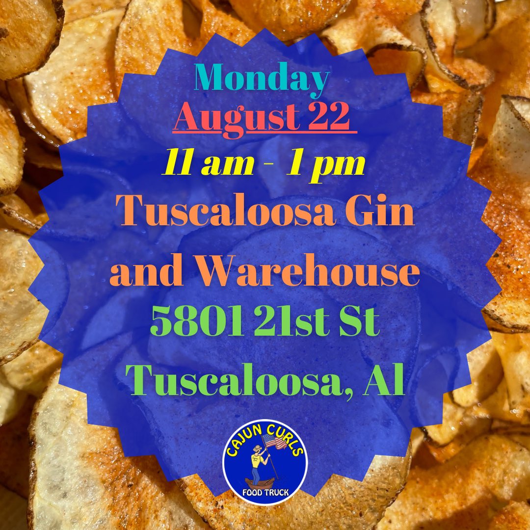 cajuncurls_ft's tweet photo. Mondays at Tuscaloosa Gin and Warehouse #cajuncurlsfoodtruck https://t.co/zcVUxbRV7C