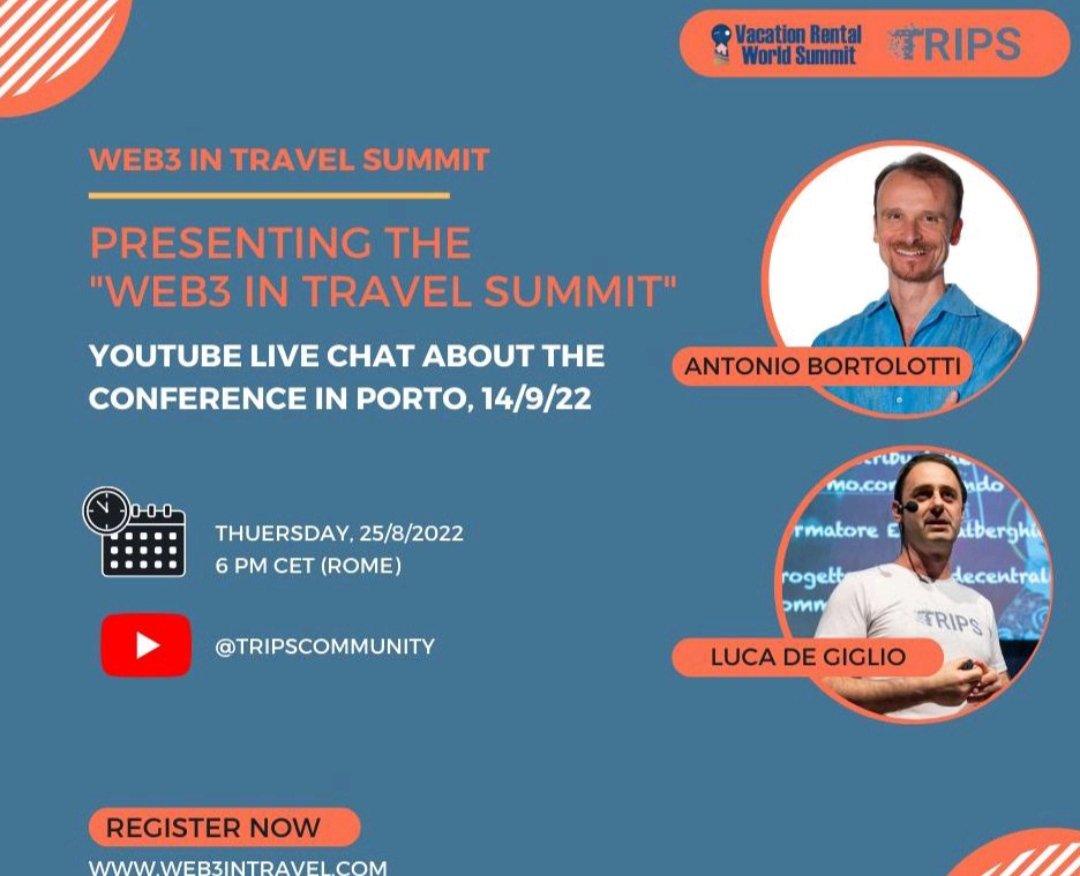 tripscommunity's tweet photo. 25/08/22 Join us for a live chat with @tripluca, founder of @tripscommunity and @VRWorldSummit, founder of the #VRWS
A great opportunity to know more about the #Web3inTravel summit happening 14/09/22 in #Porto
Direct link #soon published 👀
#web3 #blockchain #crypto #travel https://t.co/gHJ1VczNHv