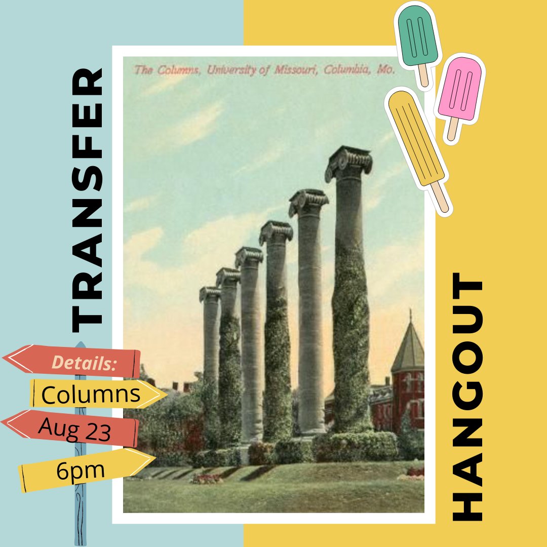 Mizzou_TEAM's tweet photo. Calling all transfers! Start the school year off right by coming to TEAM's transfer hangout this Tuesday, August 23rd (6-7pm) at the Columns. Catch up, meet new people, and enjoy free popsicles. We will be showing our new meeting spot for the year! MIZ!🐯 https://t.co/fUSMFqy6Ib