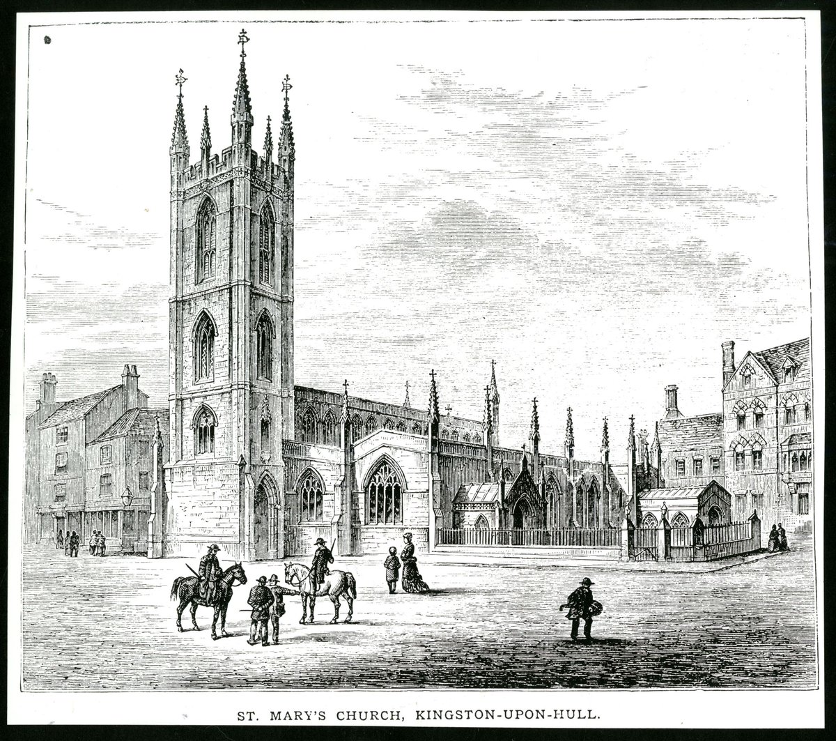 Hullhistorynews's tweet photo. The tower of St Mary, as shown in this illustration, is a prominent landmark on Lowgate. There is a long, interesting &amp; detailed description of the church in Pevsner’s Architectural Guide to Hull available in our Local Studies Library @HullMaritime @YalePevsner #hull https://t.co/1KpnWKvWaL