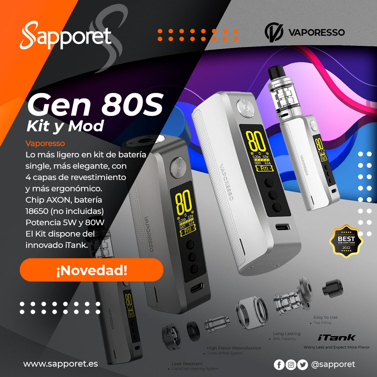 🆕Gen 80S Kit y Mod. Lo más ligero en kit de batería, más elegante y más ergonómico.
 El Kit dispone del innovado iTank.🆕
¡Tu Mod!

ow.ly/Bww450KlOpk 💨

Tiendas en 🏬 : Alcorcón, Alcalá, Leganés, Palma de Mallorca, Parla y Valdeacederas (Madrid) 🔞

 #sapporet #vaporesso