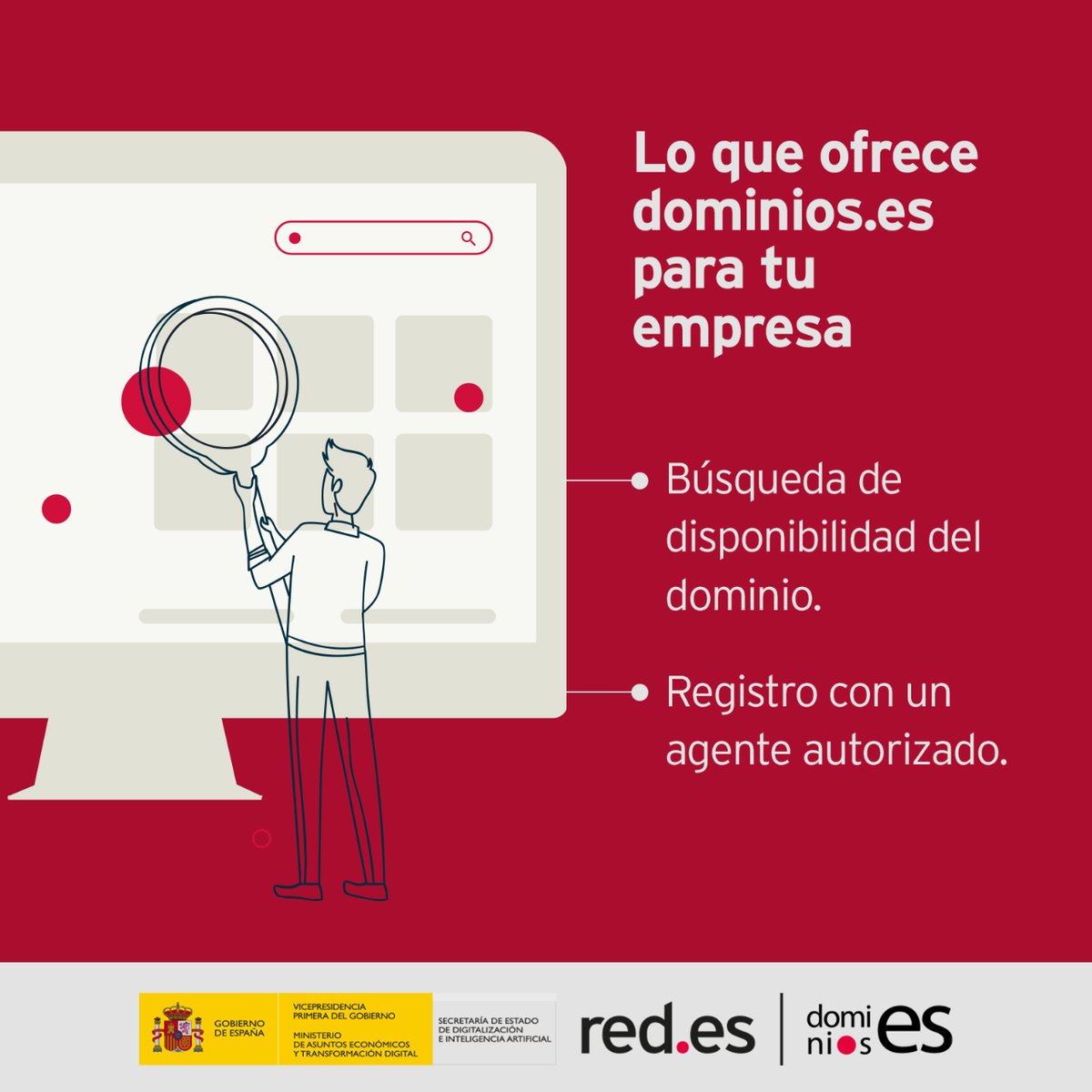 Red.es (@redpuntoes) on Twitter photo ¿Quieres registrar tu primer #dominio y no sabes cómo? 💻
Mira las ventajas que ofrece <a href="/dominiospuntoes/">Dominios.es</a> para tu #negocio 👀 en dominios.es
1⃣ Desde el buscador podrás saber si el nombre del dominio está disponible.
2⃣ Podrás registrarlo con un agente autorizado. ¿Quieres registrar tu primer #dominio y no sabes cómo? 💻
Mira las ventajas que ofrece <a href="/dominiospuntoes/">Dominios.es</a> para tu #negocio 👀 en dominios.es
1⃣ Desde el buscador podrás saber si el nombre del dominio está disponible.
2⃣ Podrás registrarlo con un agente autorizado.