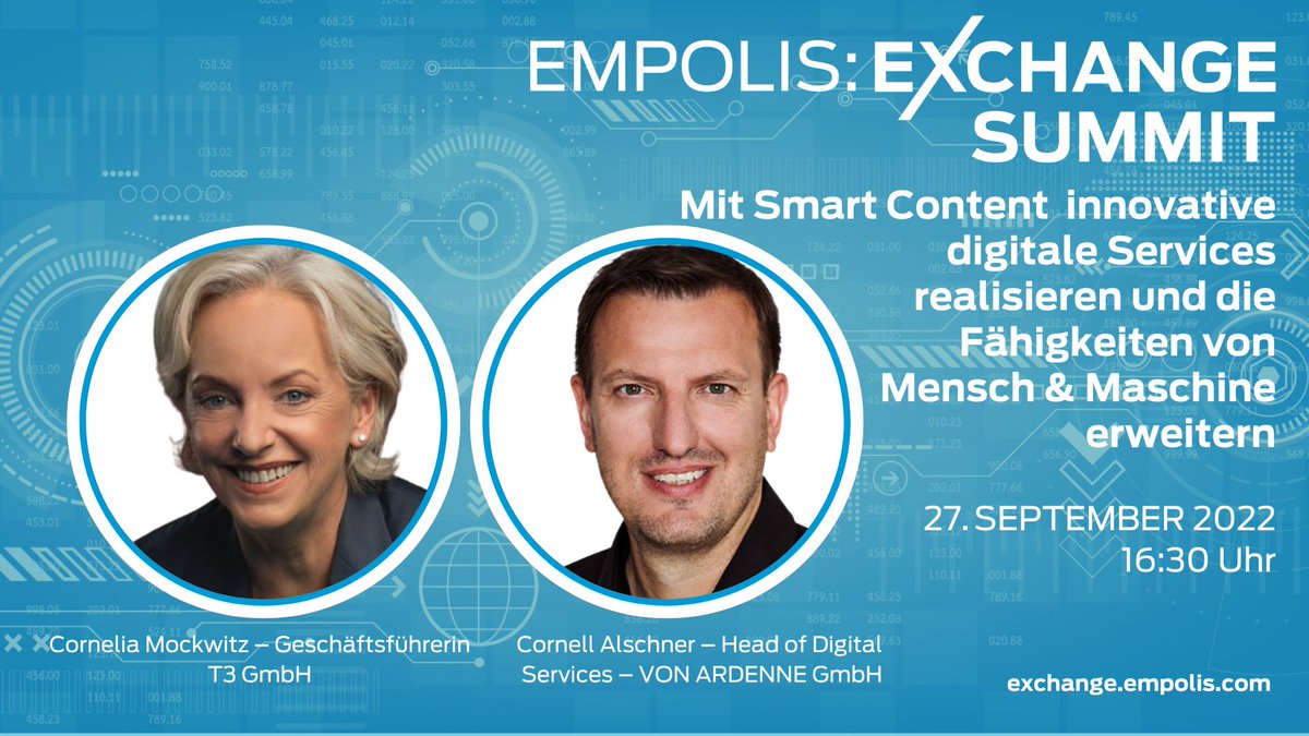 EmpolisSoftware's tweet photo. Jetzt anmelden zum Empolis:Exchange Summit 2022 am 27. &amp; 28. September!
Unter dem Motto „Produkte &amp; Services digital neu denken. So funktioniert es!“ erwartet Sie ein spannendes Programm mit inspirierenden Vorträgen und tollen Gästen.
https://t.co/FJHWvUYxTi
#EmpolisExchange2022 https://t.co/aDBashuMkL