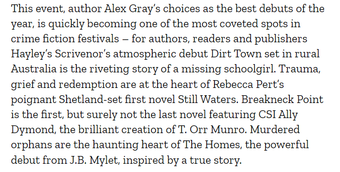 We can't wait for this brilliant NEW CRIMES event at <a href="/BloodyScotland/">Bloody Scotland</a> this year, featuring our very own <a href="/TinaOrrMunro/">T Orr Munro #Liars Island 📚✒️</a> discussing her amazing debut novel #BreakneckPoint. 

Get your tickets below 👇

bloodyscotland.com/events/alex-gr…