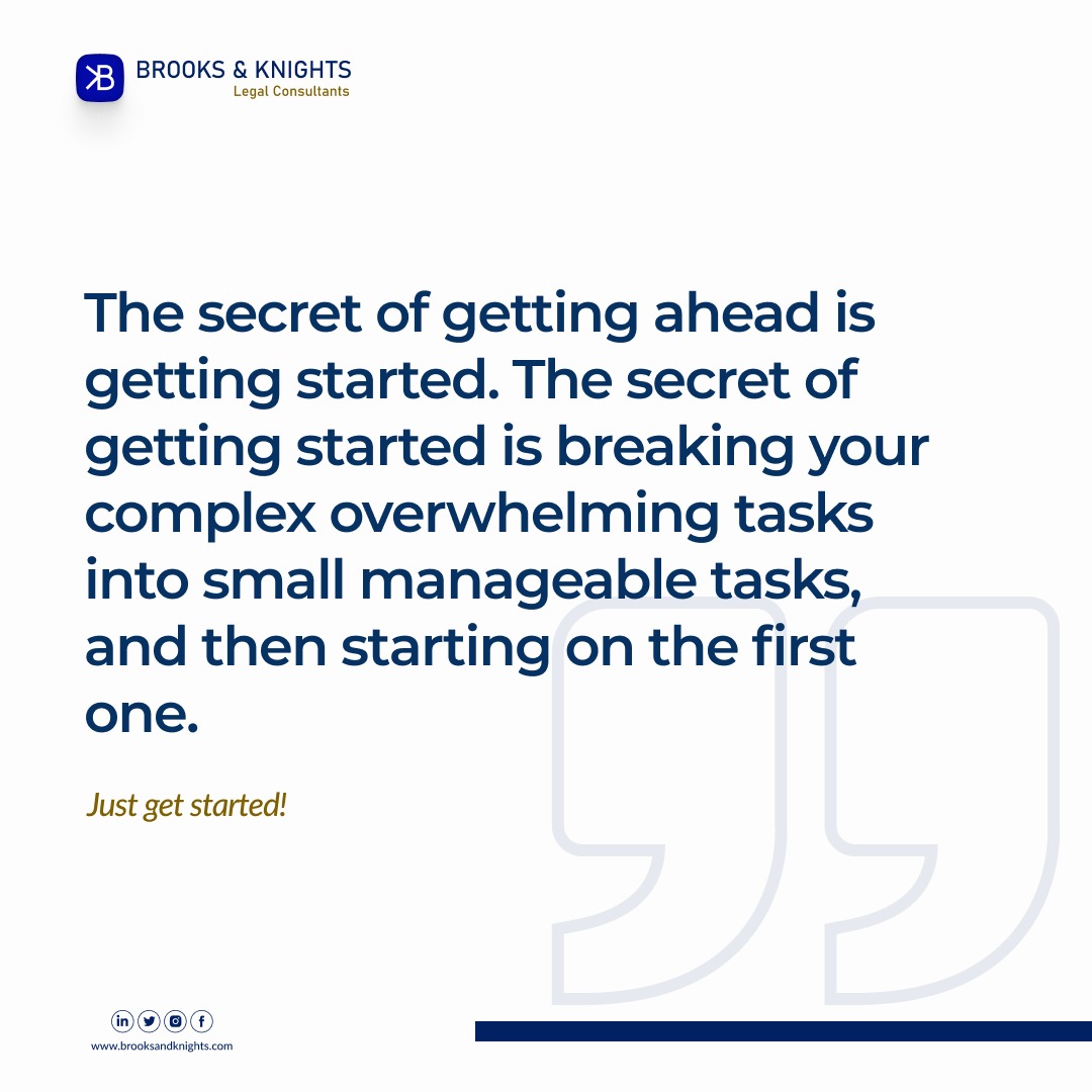 Brooks_Knights's tweet photo. Get started on something today by breaking your tasks into smaller manageable ones. 
Happy New Week from all of us at Brooks and Knights Legal Consultants.

#HappyNewWeek #mondaymotivation https://t.co/ELXcrhWcCJ