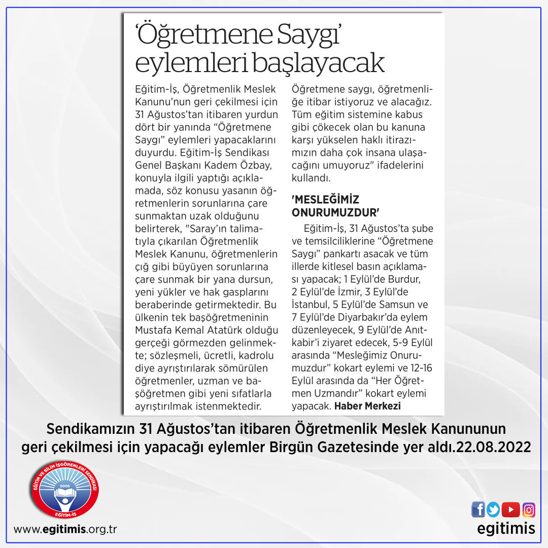 Sendikamızın 31 Ağustos’tan itibaren Öğretmenlik Meslek Kanununun geri çekilmesi için yapacağı eylemler Birgün Gazetesinde yer aldı.22.08.2022 #ogretmenesaygi #ogretmenlersoruyor #ogretmenlerdiyorki #ogretmenlertekses #sınaviptal #sinaviptaledilsin #SinavlaDegilKidemle