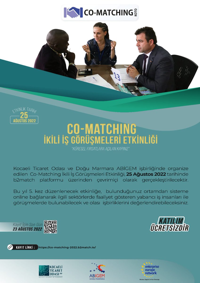 ulutekteknopark's tweet image. 📢#CoMatching İkili İş Görüşmeleri Etkinliği

🗓️25 Ağustos 2022 Perşembe
➡️Kayıt İçin: co-matching-2022.b2match.io
✨Katılım Ücretsizdir

‼️ Son kayıt tarihi 23 Ağustos

Kayıt esnasında “Support Office” kısmında “ULUTEK Technopark” seçmeniz gerekmektedir

@KocaeliTOdasi @abigemdm
