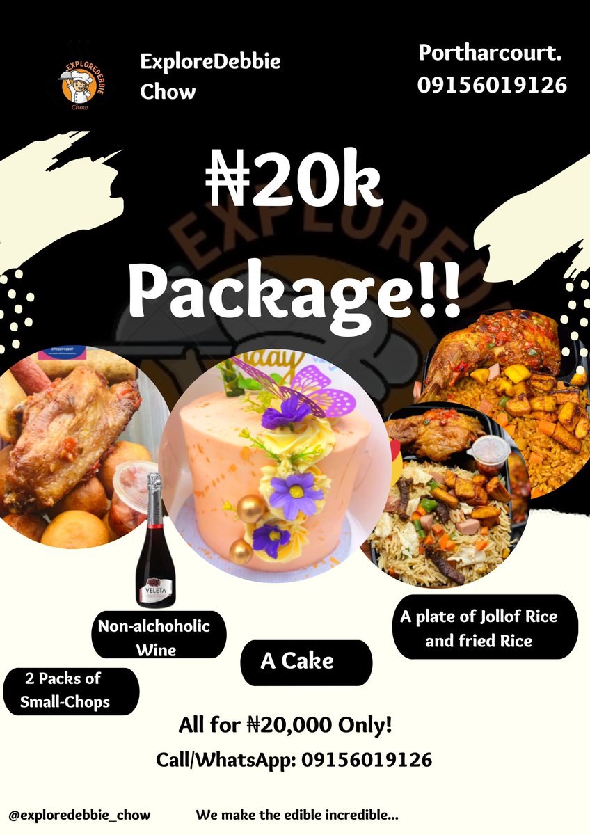 ExploreDebbie's tweet photo. Ready to take your orders 😁
Contact us for anything cake, pastries, doughnuts, Brownies, food tray, lunch packs, small chops etc

Call/Whatsap: 07015741887, 09156019126.

We deliver to anywhere within Portharcourt.
#exploredebbie #WomeninBusiness #phtwittercommunity #cake #food https://t.co/3VypqwWVKp