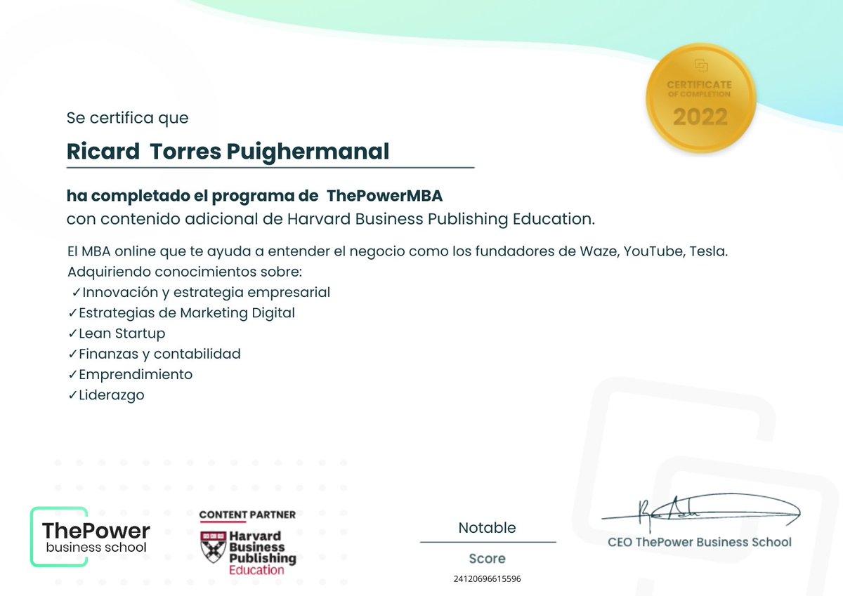 Rictopu's tweet photo. ¡Ya soy Finisher del Master MBA de ThePower Business School!
Gracias a todo el equipo de ThePower Business School por poder aprender online y tener una visión 360 de los conceptos básicos de un MBA.
#thepowermba #MBA #MasterMBA
https://t.co/lMYNb37iNK a través de @sertifier https://t.co/TM1i0qpTL1