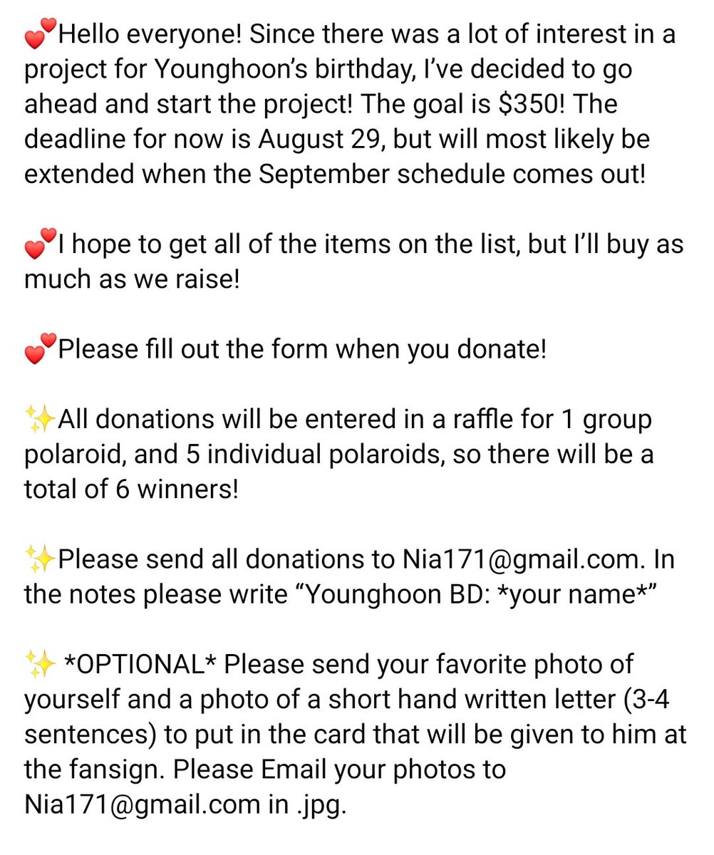 📣 Younghoon Birthday Project

Younghoon's birthday is coming up and there's a donation project going on to get some gifts for him while he's in Japan.

Deadline: August 29th

Find more information in the google form and the picture

🔗 docs.google.com/forms/d/e/1FAI…

#BLACK_LEVEL